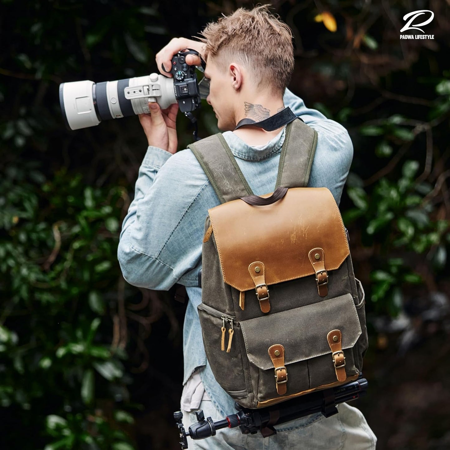 Padwa Lifestyle Coffee Camera Backpack - Waxed Memory Weather Resistant Canvas Camera Backpacks for Photographers,Multi DSLR SLR Camera Bag with 16” Laptop & Lens Compartment and Tripod Holder