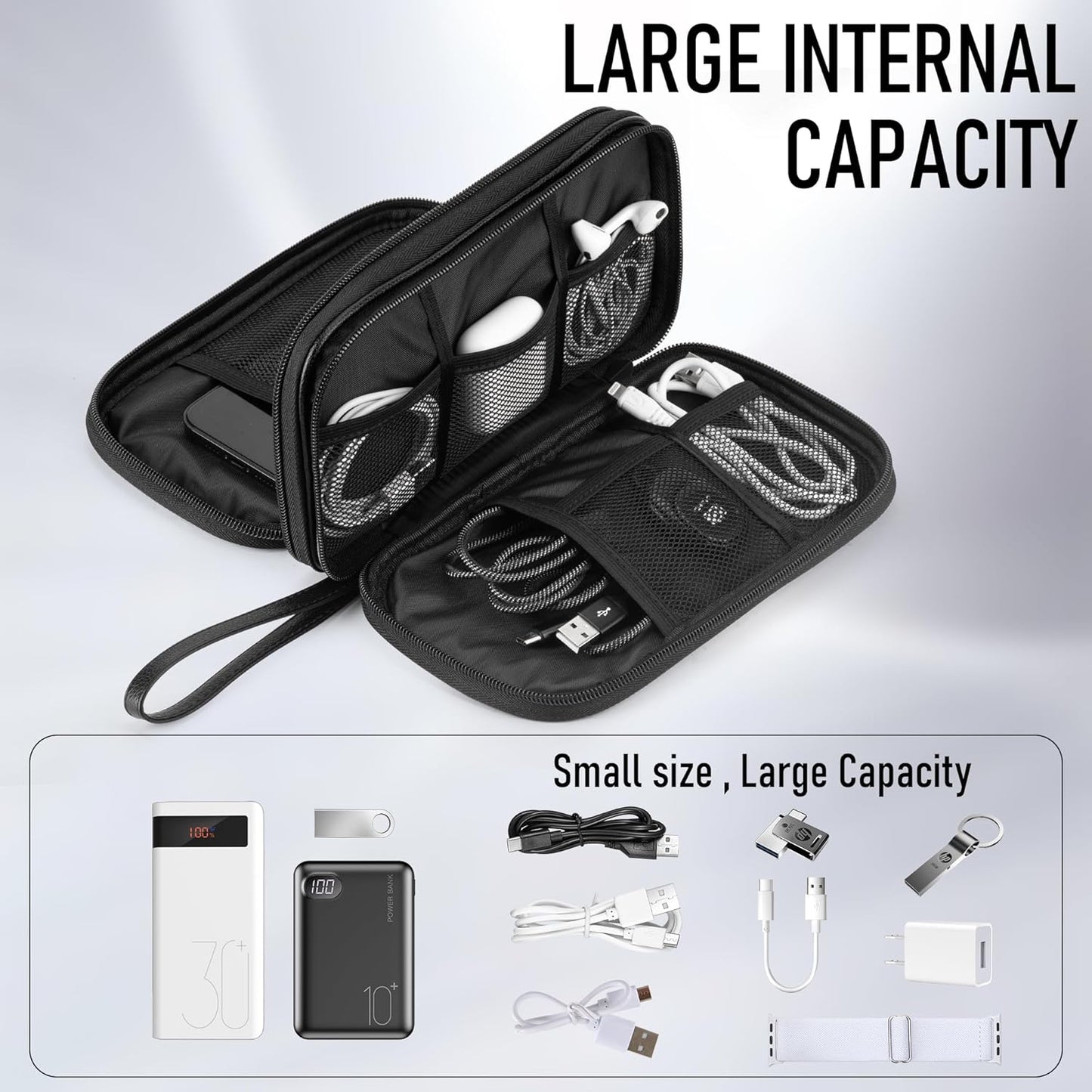 Leather Travel Electronic Organizer - Double Layer, Waterproof Case for Cables, Chargers, Phones & More - Portable, Shockproof Pouch for All Your Electronics Accessories (Black, M)