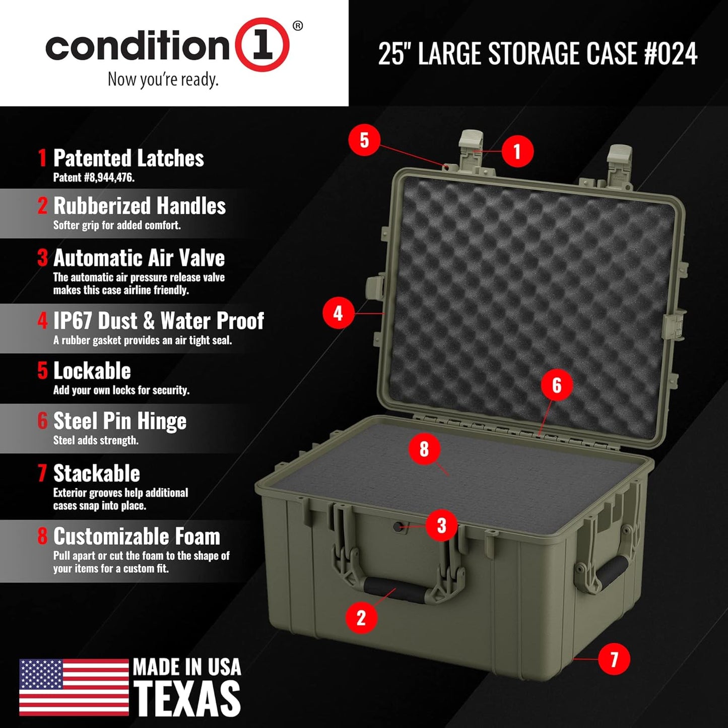 Condition 1 25" Large Heavy-Duty Protective Waterproof Hard Case Model 024, Portable Storage Box with Customizable Foam, Camera, Tool, Hunting, Made in USA, 24.27"x19.40"x13.57" Green