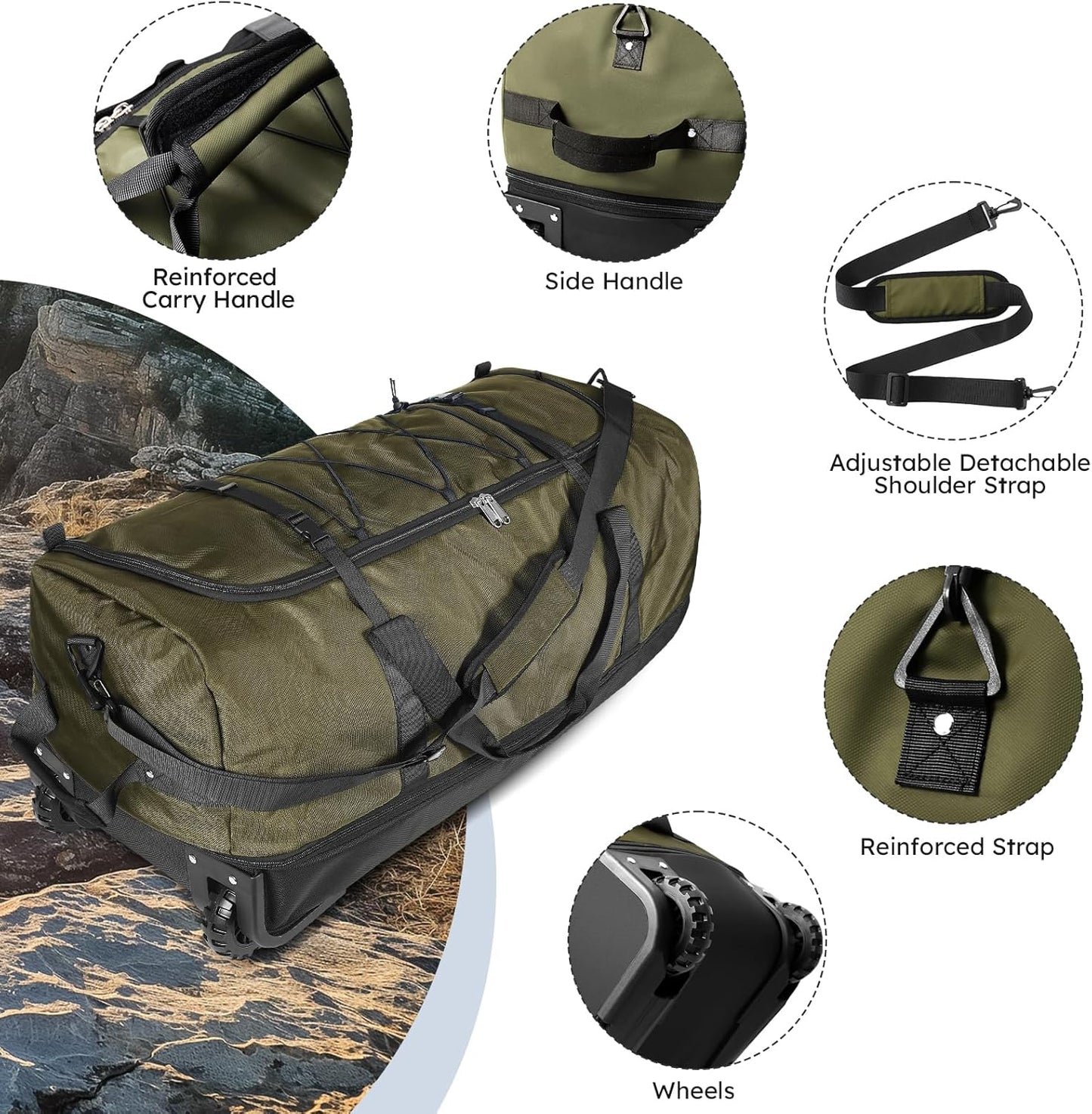 110L Expandable to 140L 32” Foldable Oxford Soft-Sided Rolling Duffle Bag with 2 Heavy-Duty Wheels,3 Large Compartments,Adjustable Shoulder Strap and Attached Organizer Pouch,Green