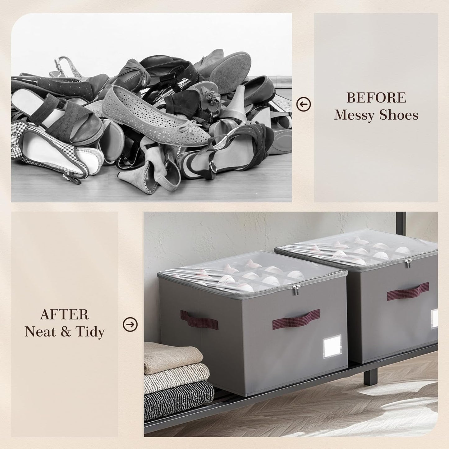 Criusia Shoe Organizer for Closet, 4 Pack Shoe Organizer with Transparent Cover and Sturdy Handles, Closet Shoe Storage for Sneakers Sandals Slippers, Fit 12-16 Pairs, Gray