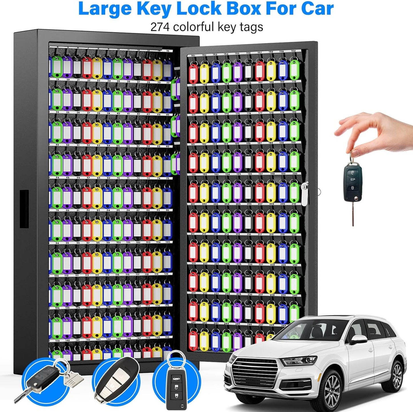 250 Keys Key Lock Box Wall Mount with Additional 24 Side Hooks and Key Tags, Anti-Theft Key Box Key Cabinet with Side Drop Slot, Key Organizer Key Safe for Home Office Garage Rental Business
