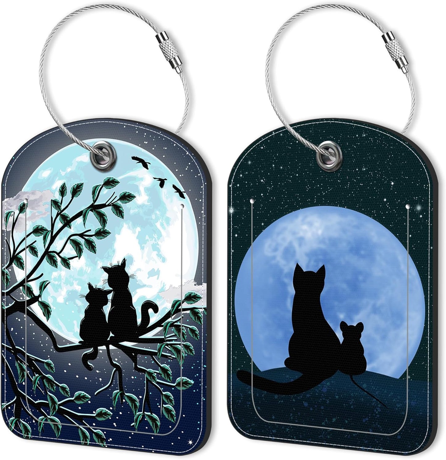 2 Pack Luggage Tag for Suitcase Cat Under The Moon Leather Suitcase Tags with Privacy Name ID Label and Stainless Steel Loop for Travel Bag