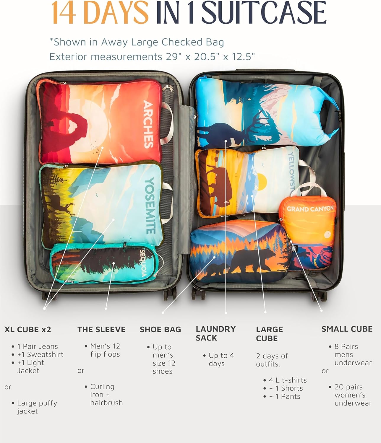 Large Compression Packing Cubes for Travel-Packing Cube Luggage Organizers 7 Piece Set for Checked Luggage-Ultralight, Expandable/Compression Bags by TRIPPED Travel Gear (National Parks)