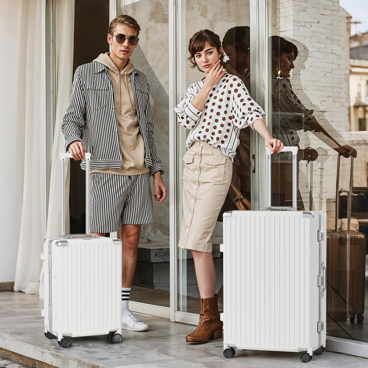 AnyZip Luggage Sets 2 Piece Aluminum Frame Carry On and Checked Suitcase PC ABS Hard Shell TSA Lock No Zipper(White, 20/28)