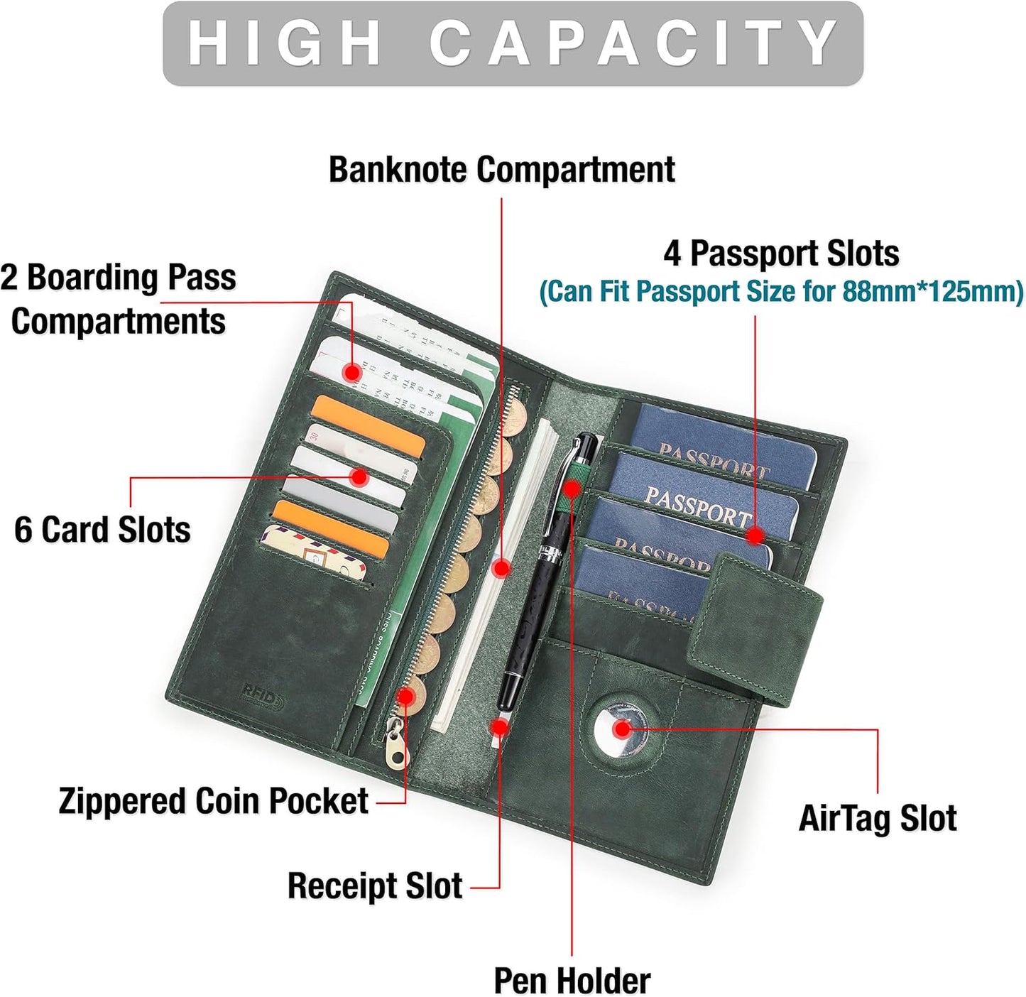 Top Grain Leather Travel Passport Wallet Holder for Man & Woman, Snap Button Design for 4 Passports & Multi Cards, RFID Blocking Large Capacity for Passports/Cards/Checks/Bills, Burgundy