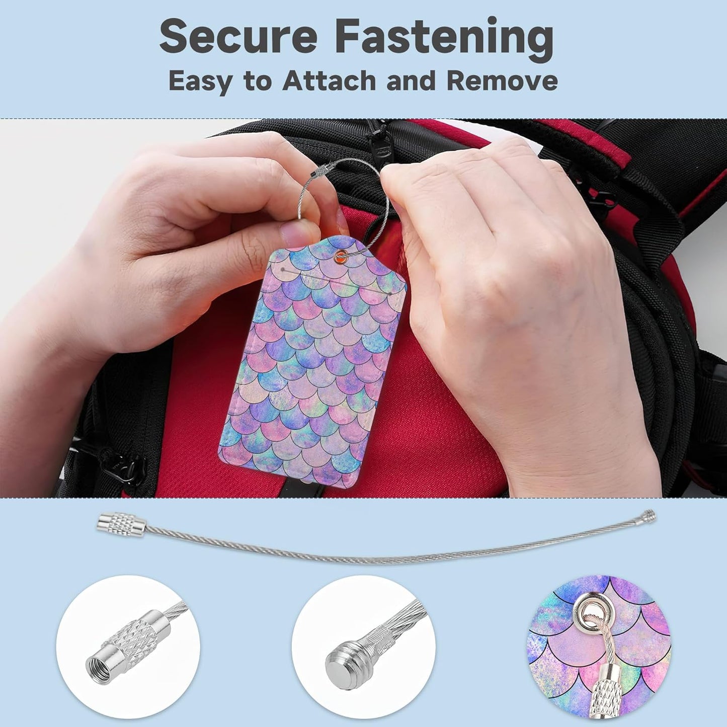 Set of 2 Luggage Tag for Suitcases LeatherMermaid Fish Scale Wave Tags with Stainless Steel Loop Privacy Name ID Card Cover Travel Bag Labels Set for Women Men Kids Girls