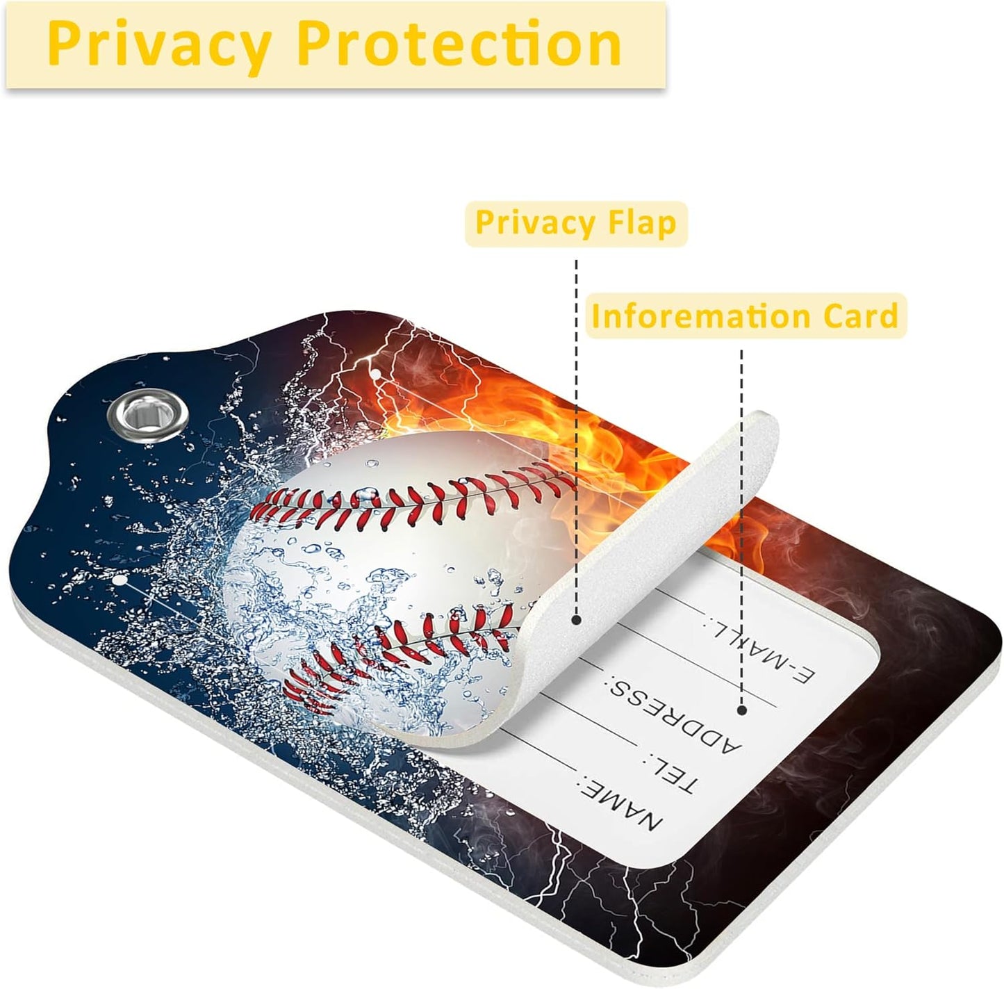 2 Pack Luggage Tags for Suitcases,Baseball Ball on Fire and Water Luggage Tag,PU Leather Id Label Luggage Tags with Stainless Steel Loop and Privacy Cover for Women Men Teens Travel