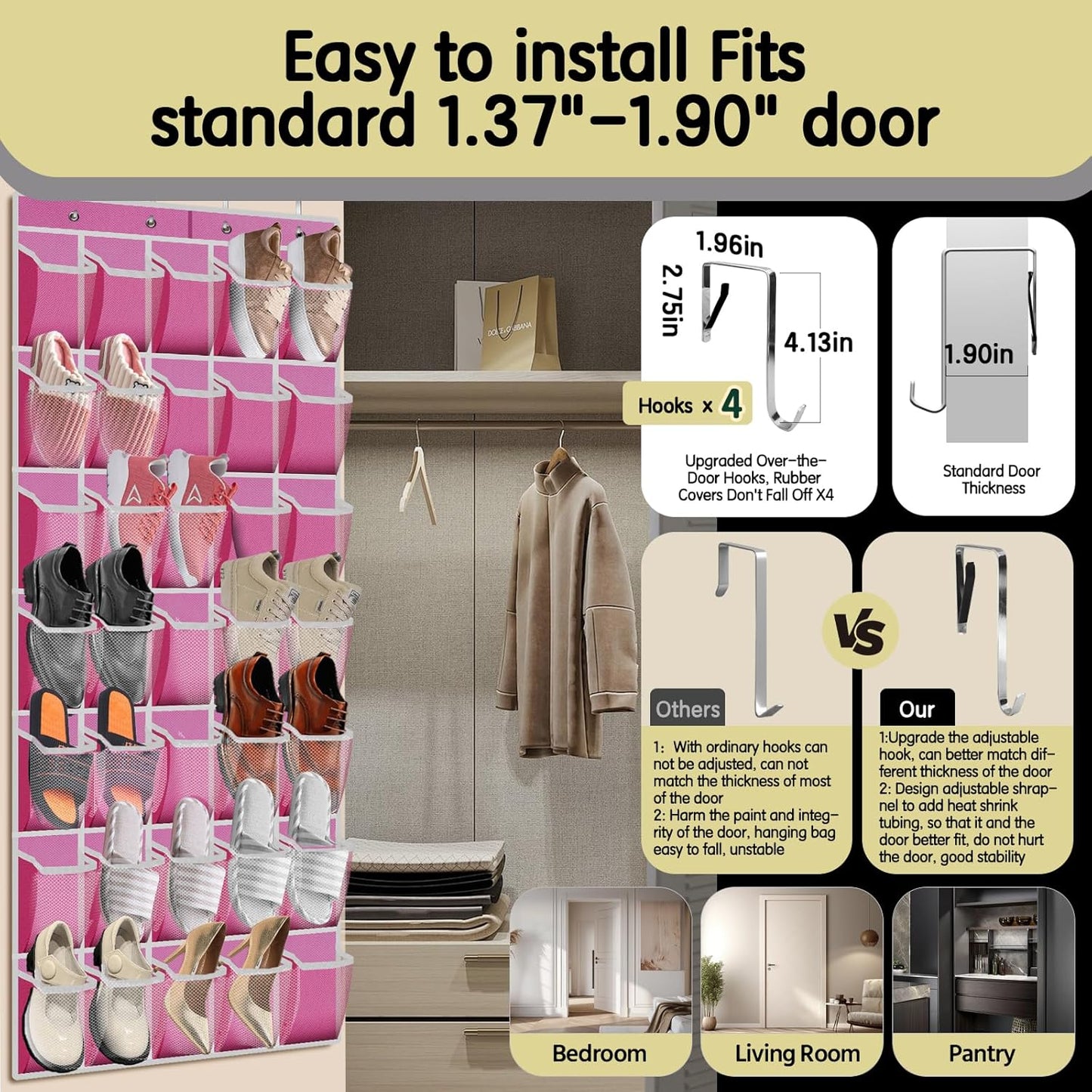 35 Pocket Over the Door Shoe Organizer,Reusable Breathable Large Mesh Bag Men's & Women's Sneaker Organizer,Shoe Organizer for Kids,Hanging Shoe Storage Hanging Bag (Pink)