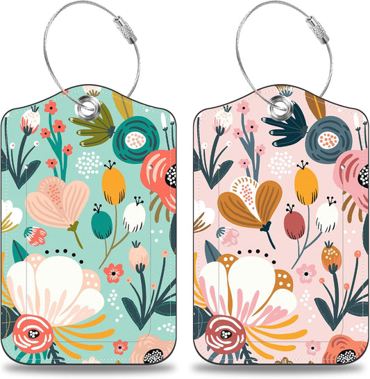 2 Pcs Spring Flowers and Berries Luggage Tags for Suitcases PU Leather Baggage Tags Name ID Label with Privacy Cover and Stainless Steel Loop for Men Women Travel Bag Suitcase