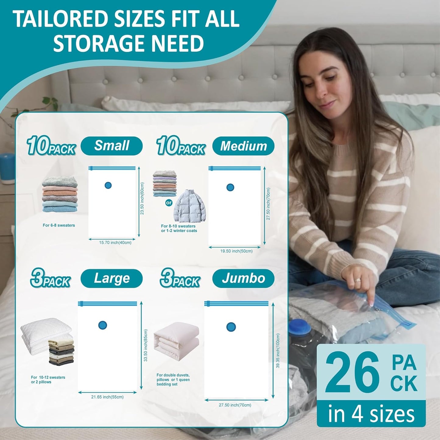 Cozy Essential 26 Pack Vacuum Storage Bags with Portable Electric Pump, Vacuum Seal Space Saver Bags for Clothing, Pillows, Blanket, Bedding, Comforters