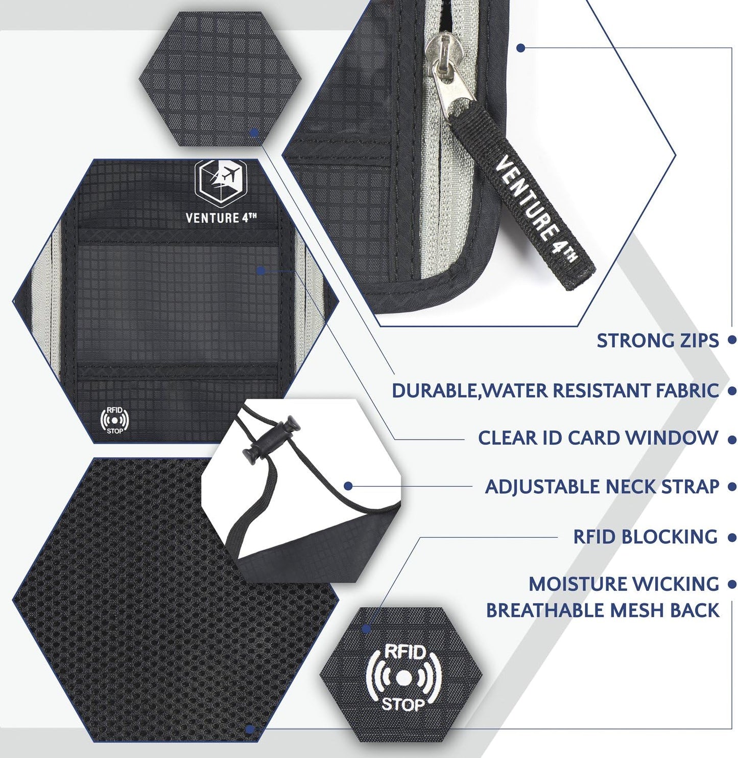 VENTURE 4TH Passport Holder Neck Wallet with RFID Blocking Nylon Lining - Hidden Neck Pouch for Travel (Black)