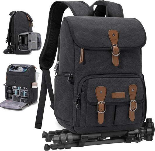 RAINSMORE Camera Bag Backpack for DSLR/SLR Mirrorless 15.6 Inch Laptop Camera Back Pack for Photographers Anti-Theft Photography Bags Case with Tripod Holder & Rain Cover, Black