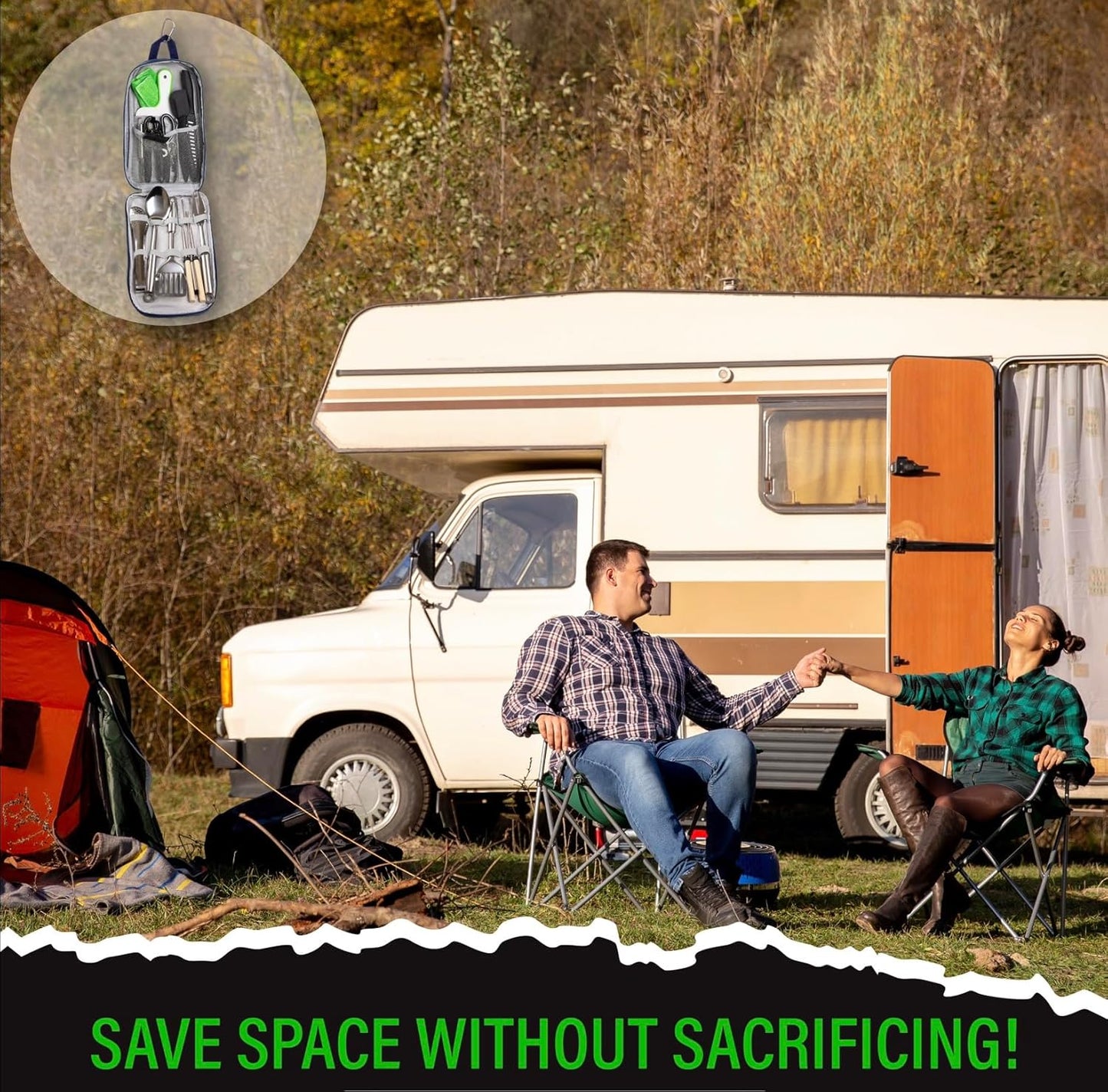 30 Pcs Camp Cooking Utensil Set & Outdoor Kitchen Gear Cookware Kit, Portable Compact Carry Case for Camping, Hiking, Travel, BBQ Grilling Stainless Steel Accessories Spoon & Fork, Navy