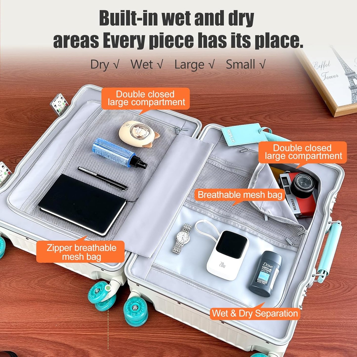 Aluminium Frame Checked-Luggage with Smooth Jelly Wheels, Hardside Zipperless Rolling Suitcase with TSA Lock (WhiteGreen, 24-Inch)