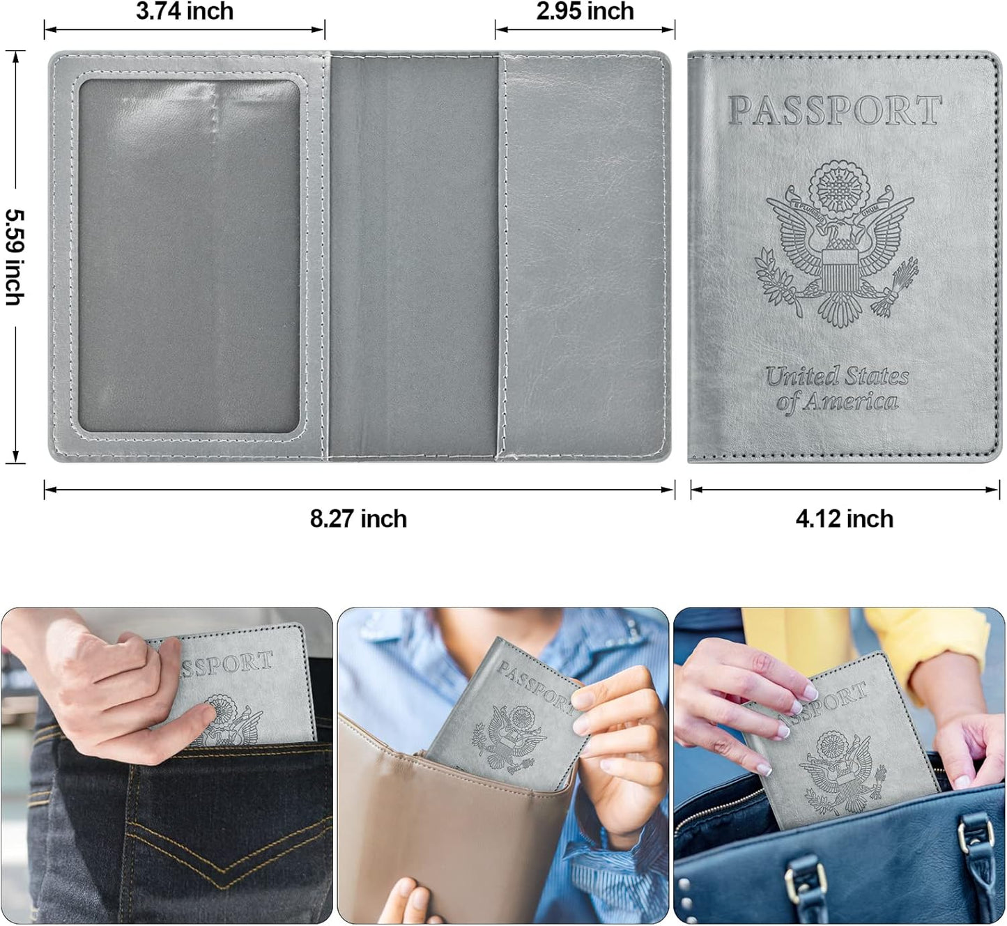 Passport and Vaccine Card Holder Combo, Passport Holder with Vaccine Card Slot, Passport Wallet, Passport Cover, Passport Case, Passport Holder for Women and Men(AJ-grey)
