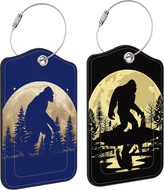 2 Pack Luggage Tag for Suitcase Black Sasquatch Leather Suitcase Tags with Privacy Name ID Label and Stainless Steel Loop for Travel Bag
