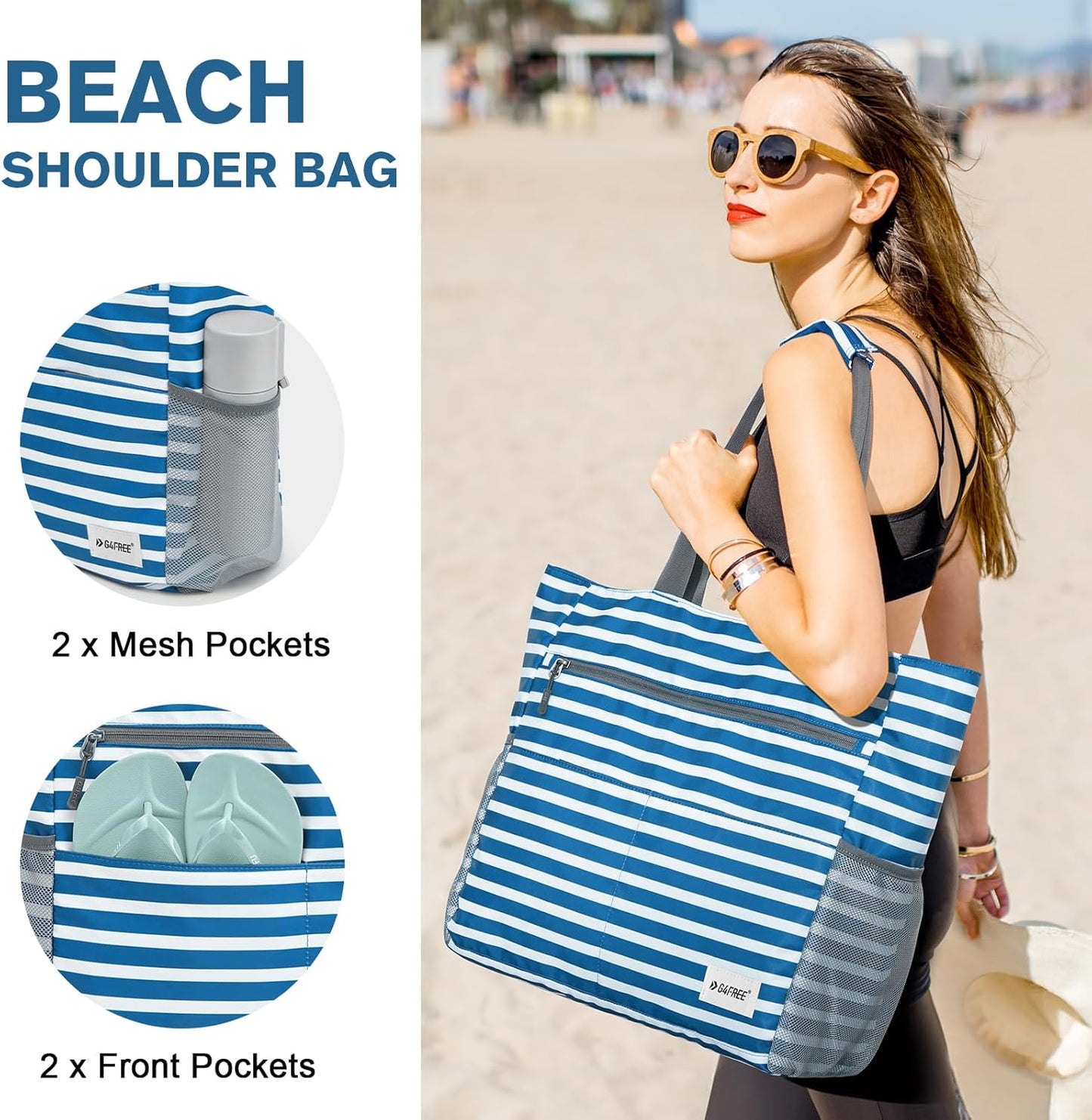 G4Free Beach Bag, Waterproof Sandproof Beach Tote Bag, Large Capacity Foldable for Women