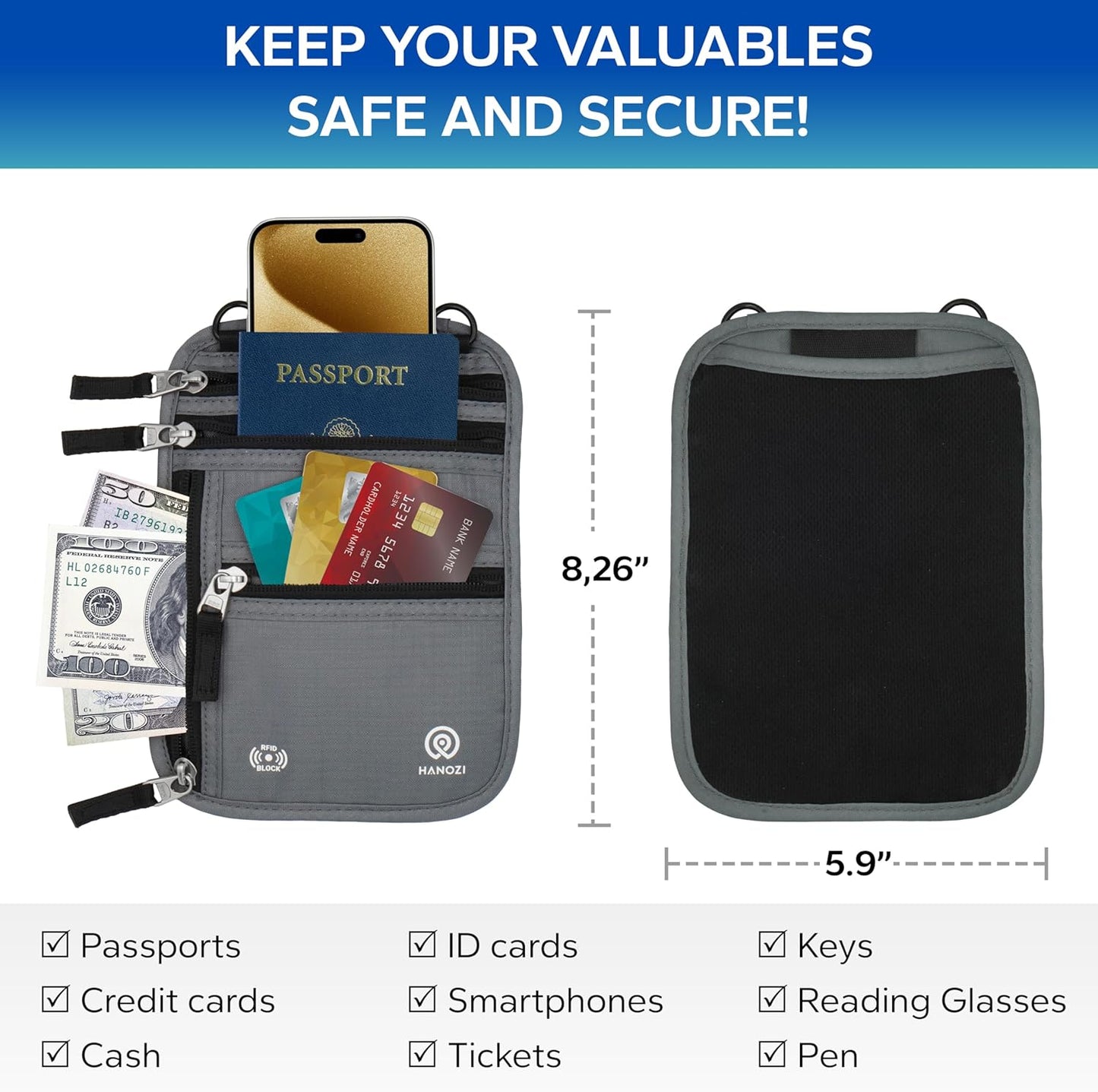 Neck Wallet – Travel Pouch and RFID Blocking Passport Holder for Women and Men, Slim Travel Wallet (Smoke Grey)