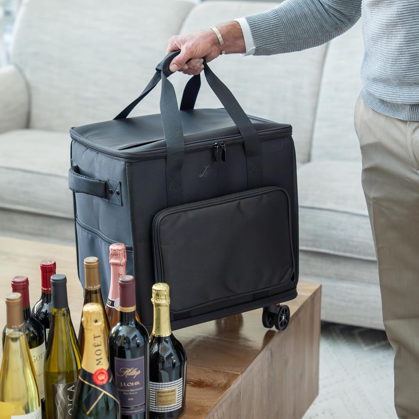 3-in-1 Wine Tote - Rolling Suitcase and Insulated Cooler Bag with Removable Dividers for 12 Bottles