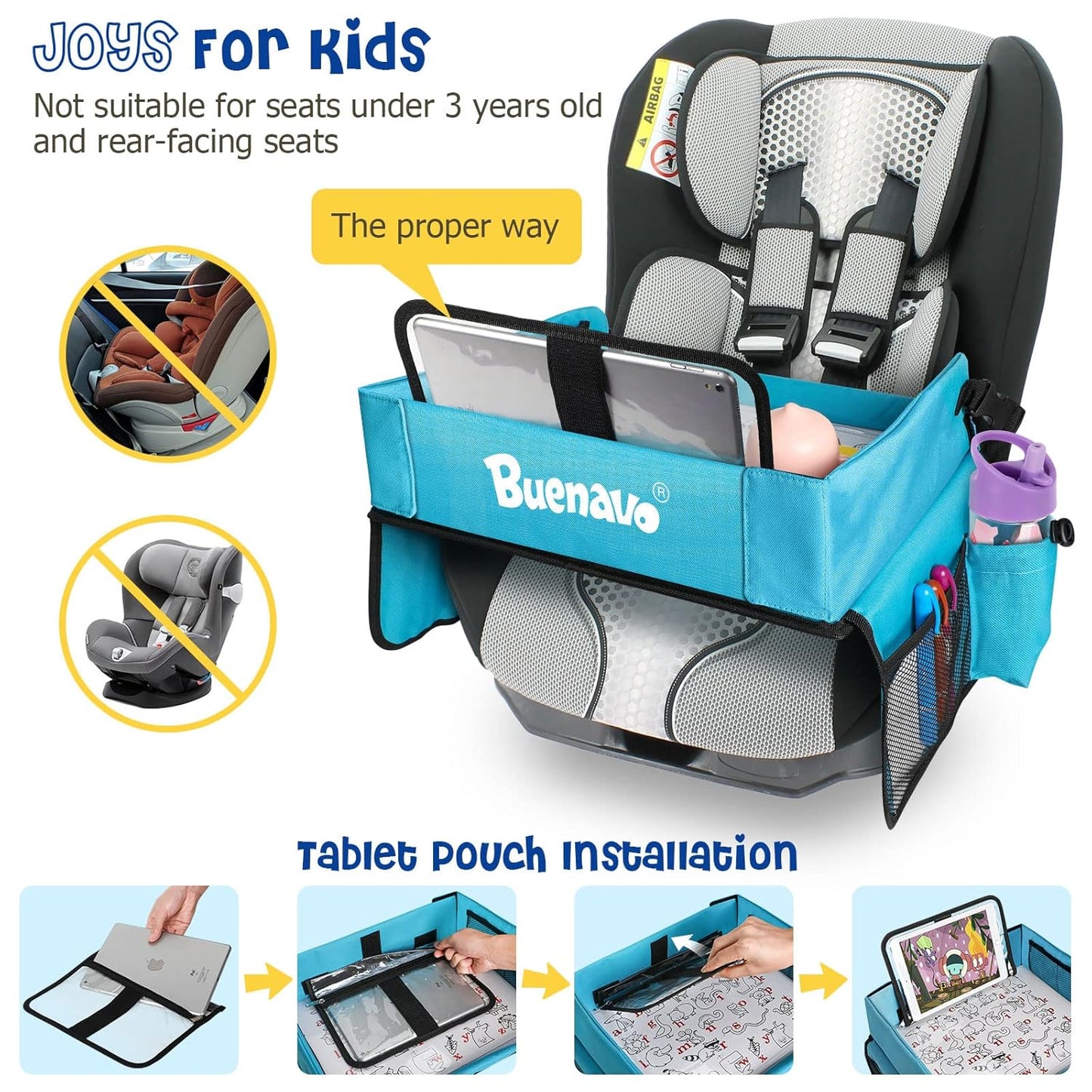 BUENAVO [New Version] Car Seat Organizer Kids Travel Tray for Kids Toddlers Activities in Car Seat, Stroller, Airplane | Waterproof Dry Erase Top | Side Pocket & Water Bottle Holder