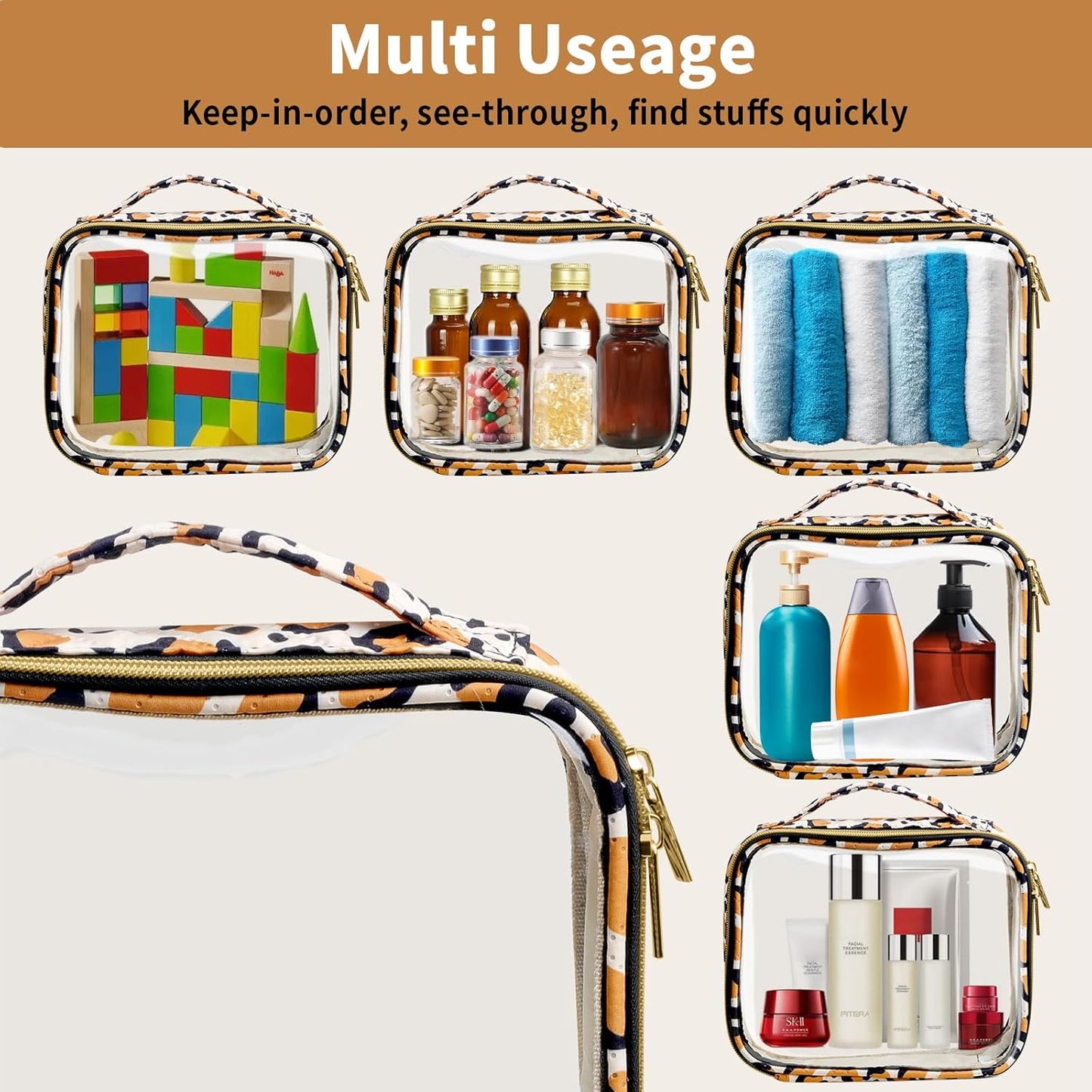 TSA Approved Travel Toiletry Bag,2 Pack Clear Makeup Bags with Handles,Quart Size Clear Cosmetic Bags for Traveling Women,Men,Carry on Airport Airline Compliant Bag,Leopard