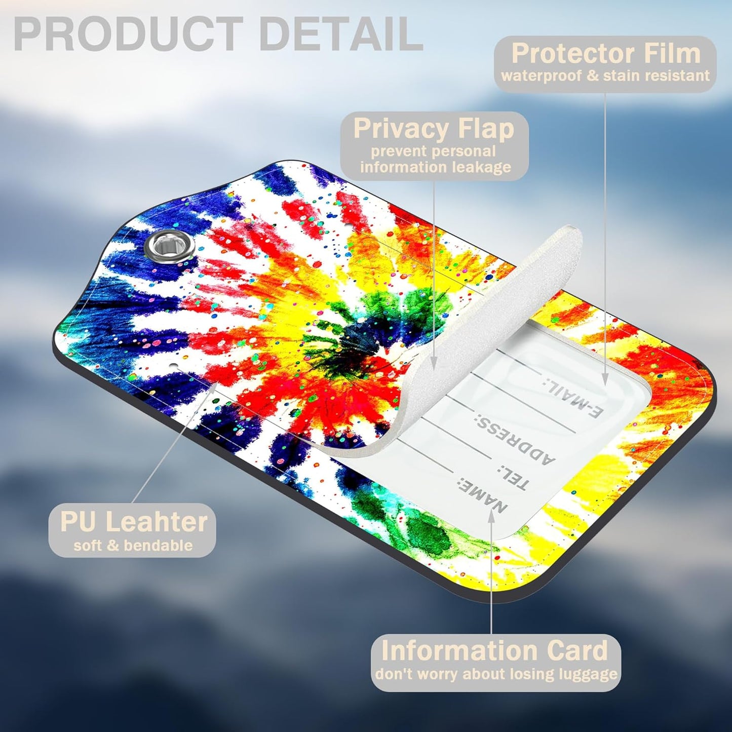 2 Pack Luggage Tags for Suitcases Colorful Rainbow Tie Dye Leather Luggage Tags Privacy Cover ID Label with Stainless Steel Loop and Address Card for Women Men Travel Bag Backpack