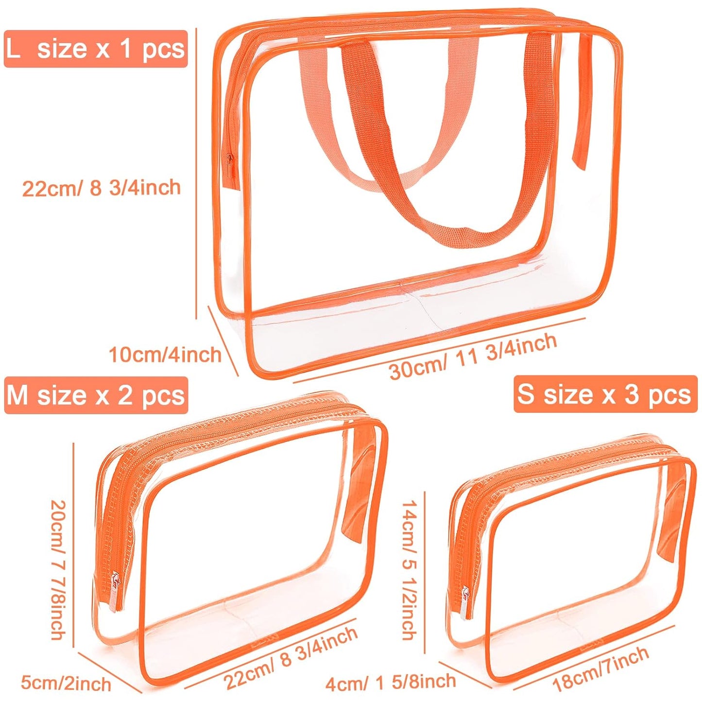 APREUTY Clear Makeup Bags, TSA Approved 6 Pcs Cosmetic Makeup Bags Set Clear PVC with Zipper Handle Portable Travel Luggage Pouch Airport Airline Vacation Organization (Orange)