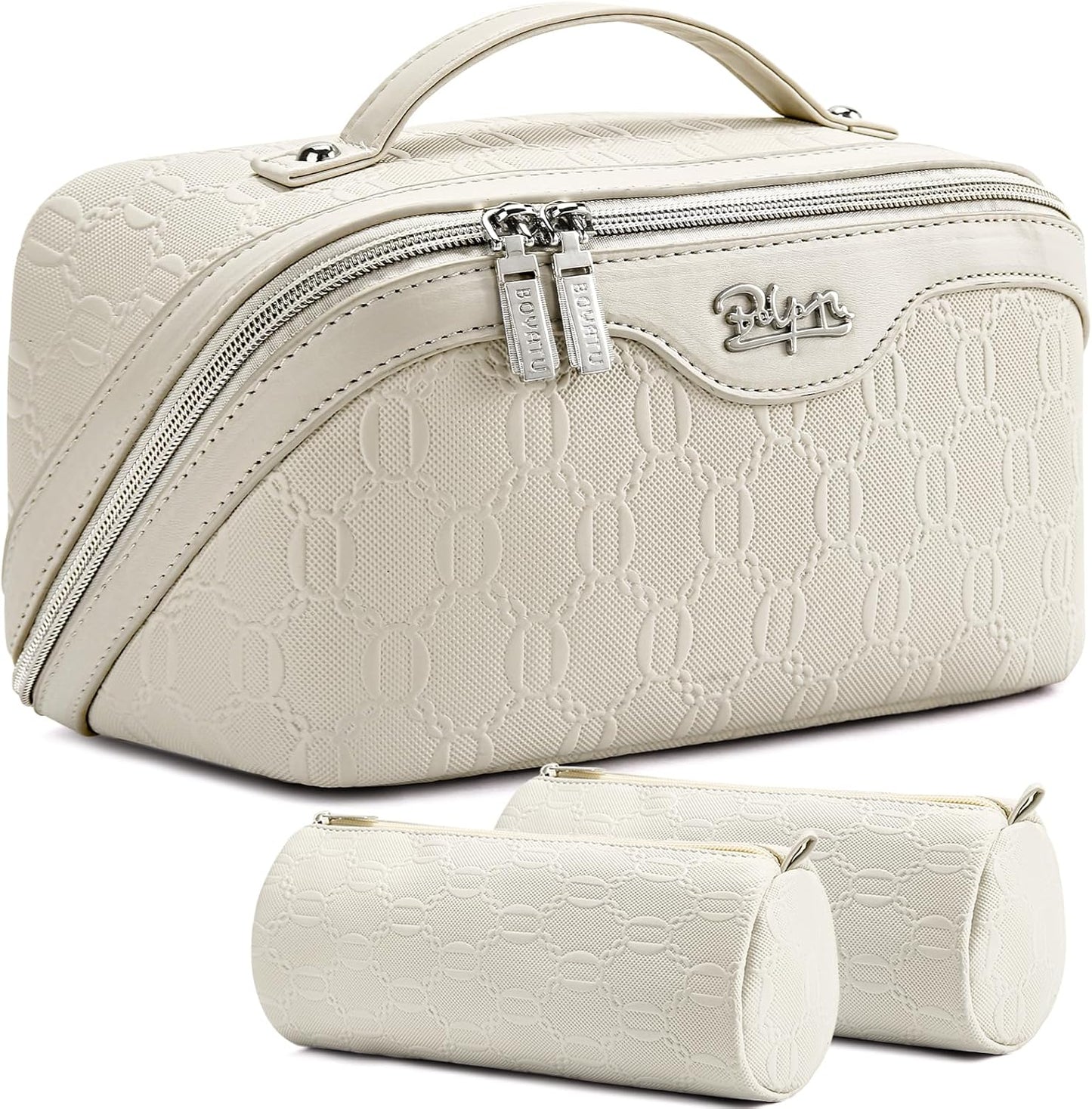 BOYATU Travel Makeup Bag for Women: Cosmetic Organizer Bag with Compartments - Leather Make up Bags Set of 3 (White)