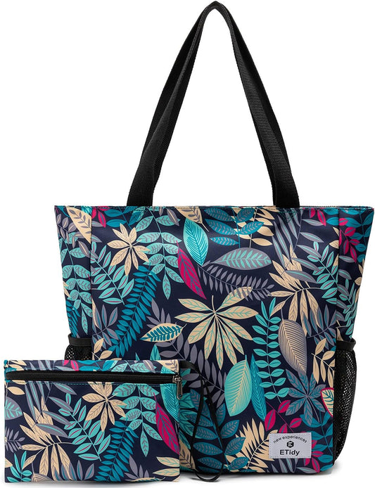ETidy Large Capacity Foldable Tote Bag With Zipper Water-resistant SandproofWomen Beach Bag Handbag GymBag Travel ShoppingBag