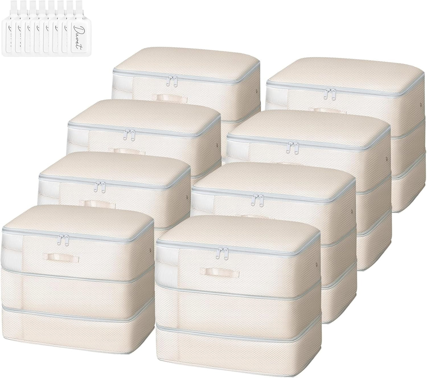 Comforter Storage Bag - Large Capacity Blanket Storage Bags 3-Layer Ultra Space Saving Self Compression Organizer, Washable Compression Bags for Storage Comforter Blanket, 8-Pack, Beige