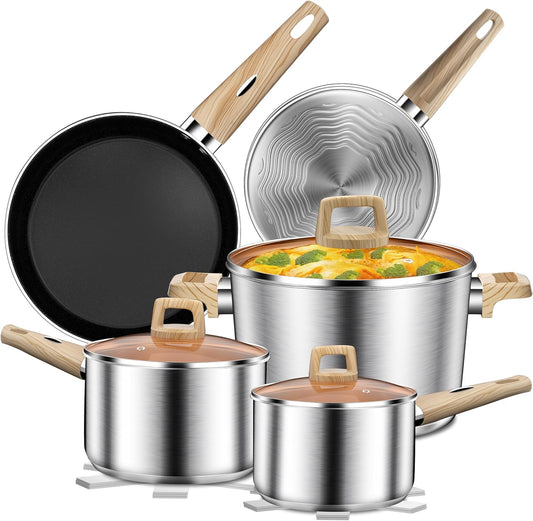 13-Piece Stainless Steel Cookware Set with Nonstick Frying Pans, Sauce Pots & Stock Pot, Heavy Duty Pots and Pans Set, Wooden Handles & Triple Layer Bottom, Induction Cookware, Easy to Clean