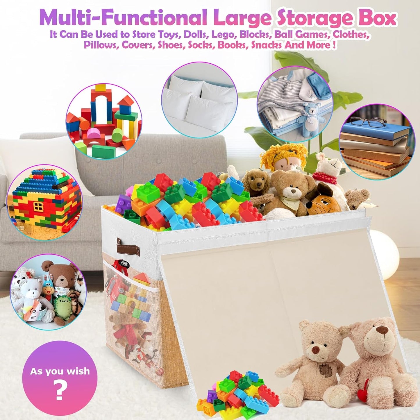 Large Toy Storage Box with Lid, Collapsible Sturdy Toys Storage Organizer Chest Bin Basket with Divider for Kids, Boys, Girls, Closet, Playroom, Bedroom, Nursery, 26"x17"x17" (Beige and White)