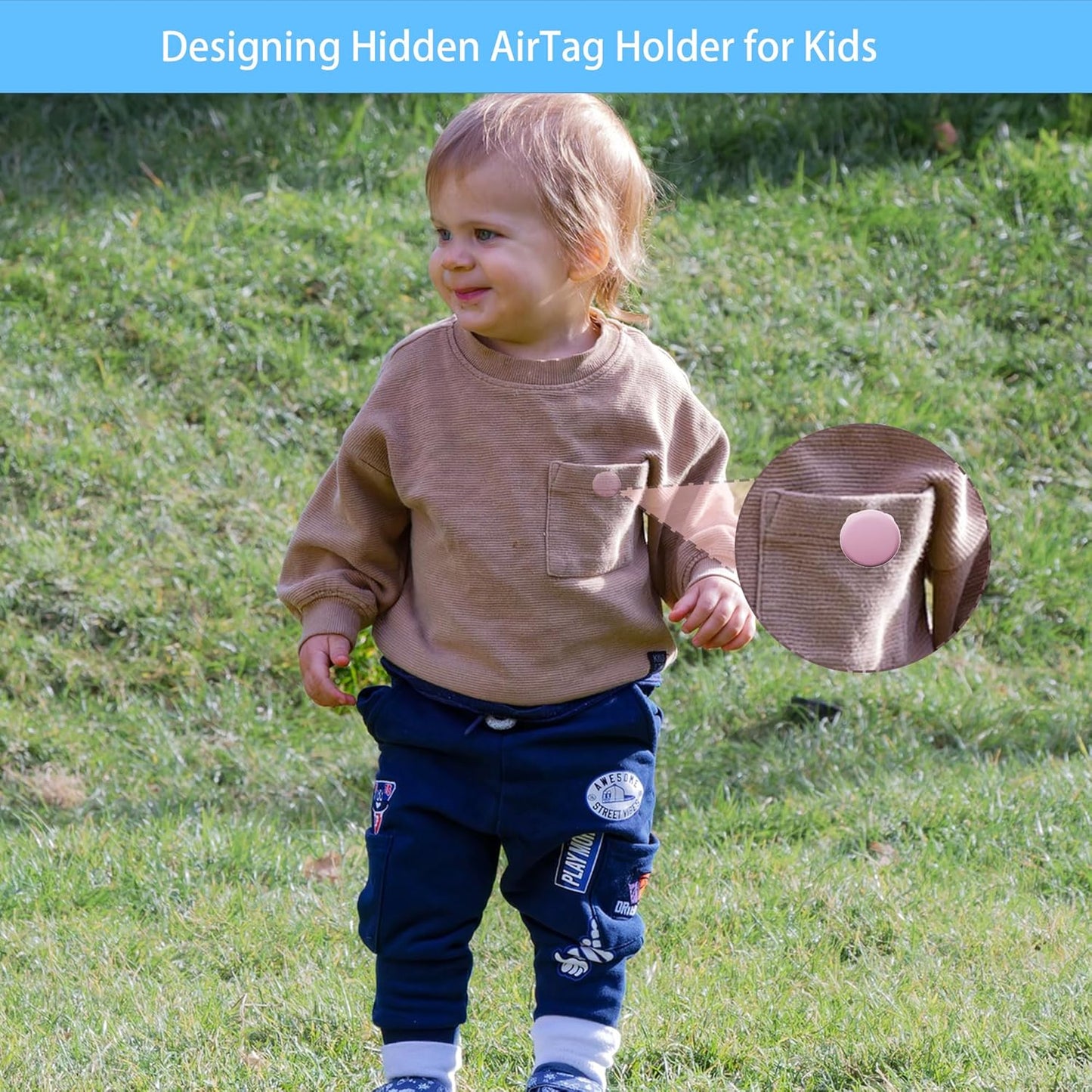 Waterproof AirTag Holder for Kids[Discreet] - 2-Pack Mini Silicone Air Tag Cover with Invisible Pin,GPS Tracker Case for Children, Elderly, Clothes, Backpack, Luggage (Black, Dark Blue)