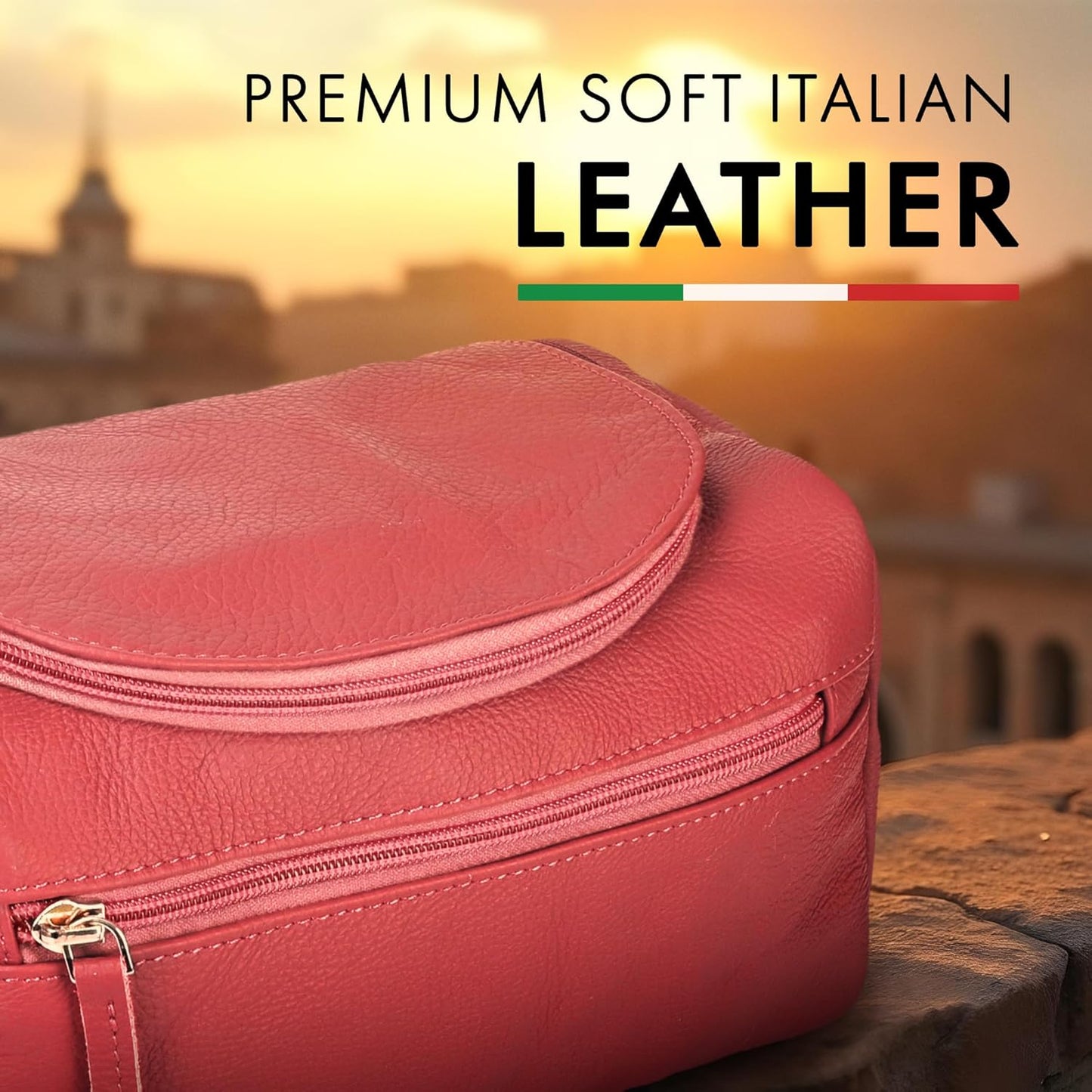 ELIZO Premium REAL Leather Toiletry Bag for Men Dopp Kitt Hanging Mens Toiletry Large TSA Toiletries Bag Shaving Grooming Bag Organizer Espresso (Pink, Large)