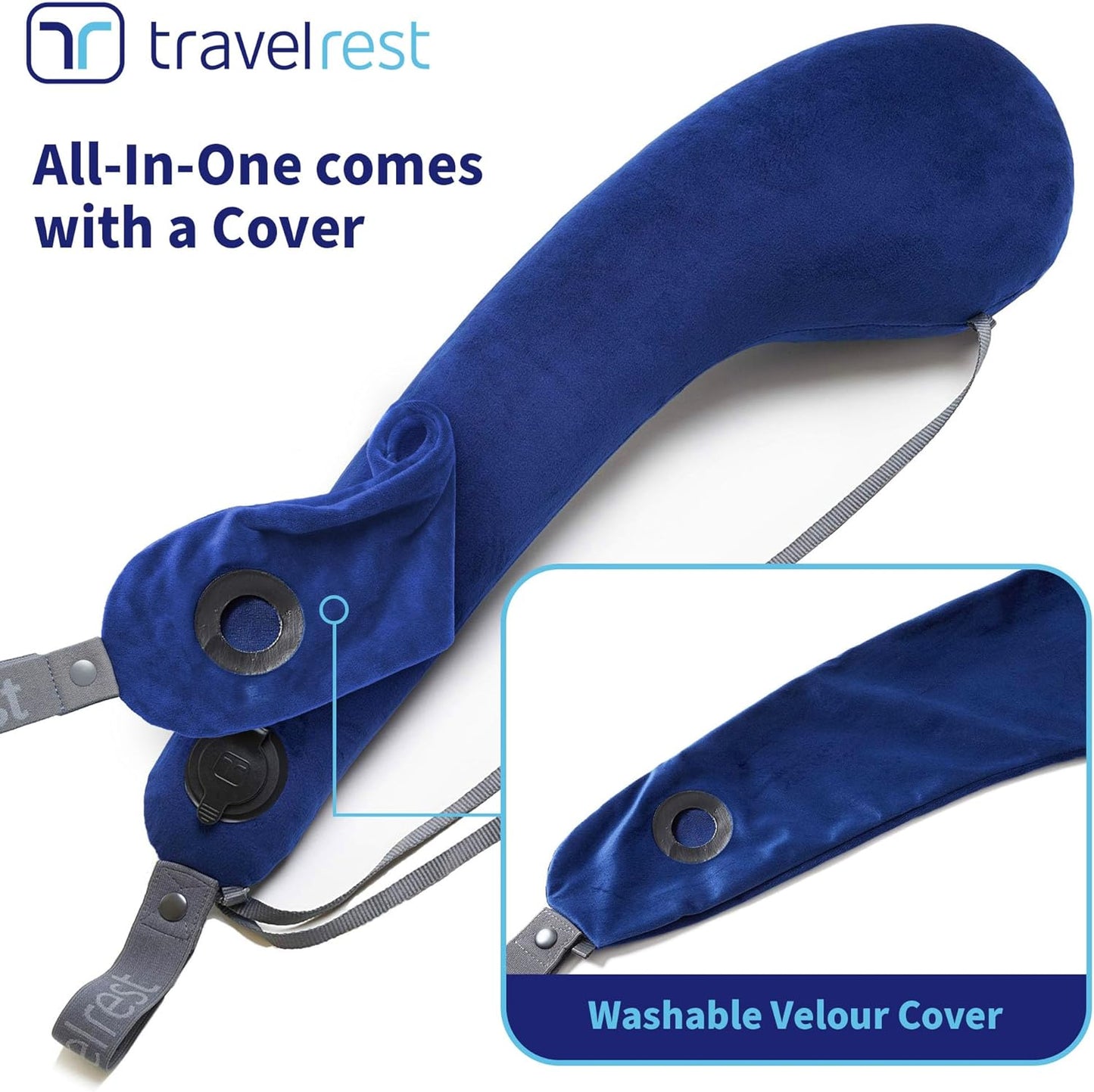 TRAVELREST All-in-One Neck & Body Pillow, Advanced Support Design, Travel Essential, Memory Foam Inserts, Inflatable, Airplane & Car Seat, Sleeping on Long Flight & Trips, Blue (Washable Velour Cover)