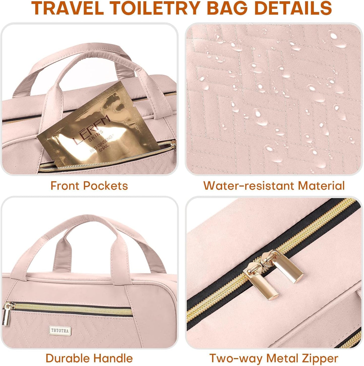 Hanging Toiletry Bag for Women Travel, 2 Sizes Large & Small Waterproof Cosmetic Organizer with 4 Compartments, Rotating Hook, Foldable Pink Travel Bag for Toiletries & Makeup - Medium Pink