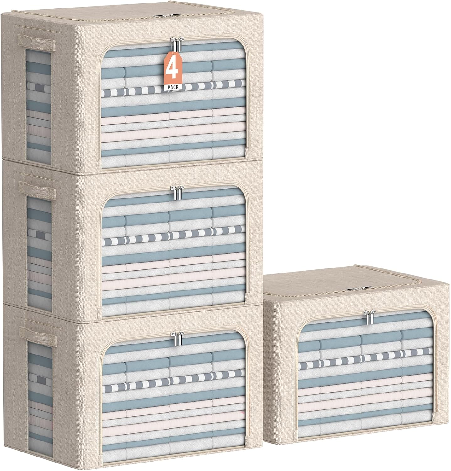 4 Pack Clothes Storage Bins with Metal Frame - Linen Fabric Foldable Stackable Container Organizer Set with Clear Window & Carry Handles & Zippers (Beige, 23.6"x16.5"x15.7")