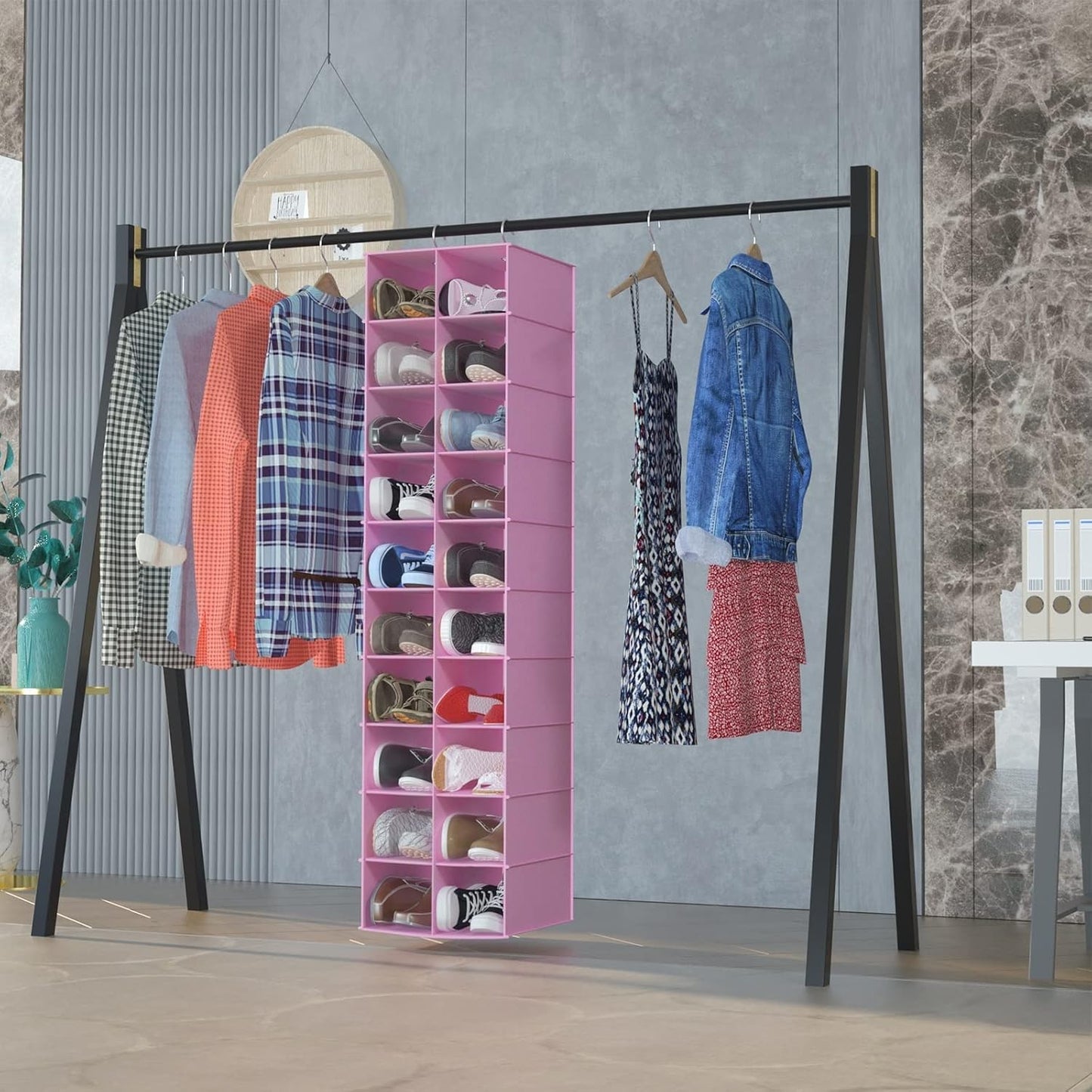 coastal rose Hanging Shoe Organizer for Closet, 20 Sections Hanging Closet Organizers and Storage Shelves, Space Saving Shoe Storage Rack Holder, Pink, 12''W×12''Dx 50''H