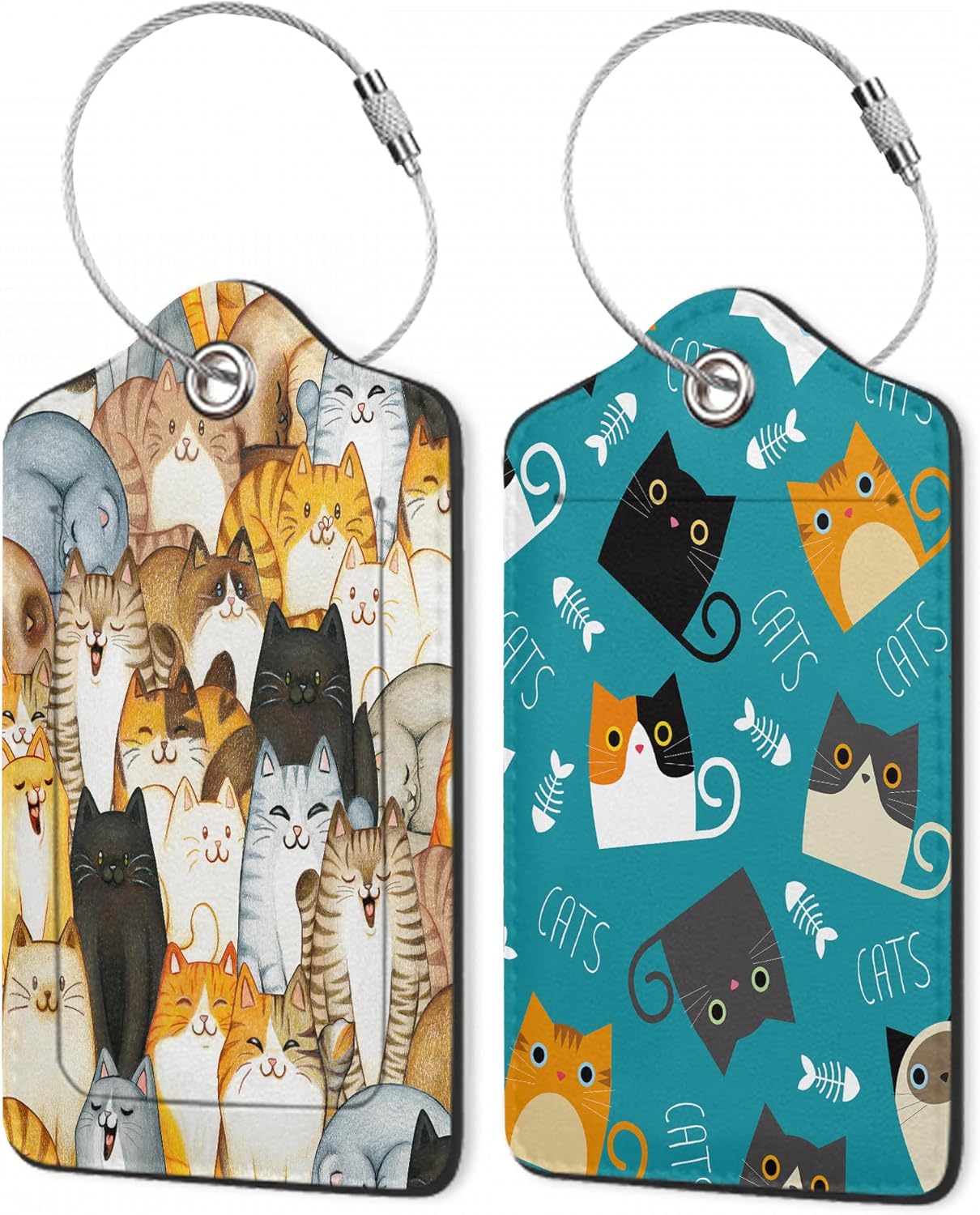 Cartoon Cats Luggage Tags,2 Pack Luggage Tag,Leather Privacy Cover ID Label with Stainless Steel Loop for Women Men Kids Girls Travel