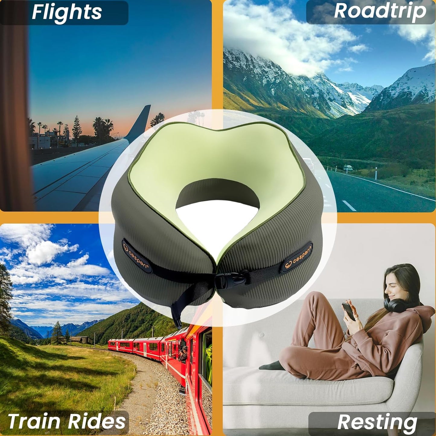 Cesperi® Travel Neck Pillow for Airplanes, Ergonomic Design, Airplane Neck Pillow with Memory Foam, Travel Essentials for Flights, Car Rides, and Home Rest, M Size, 140-210LB (Avocado Green)