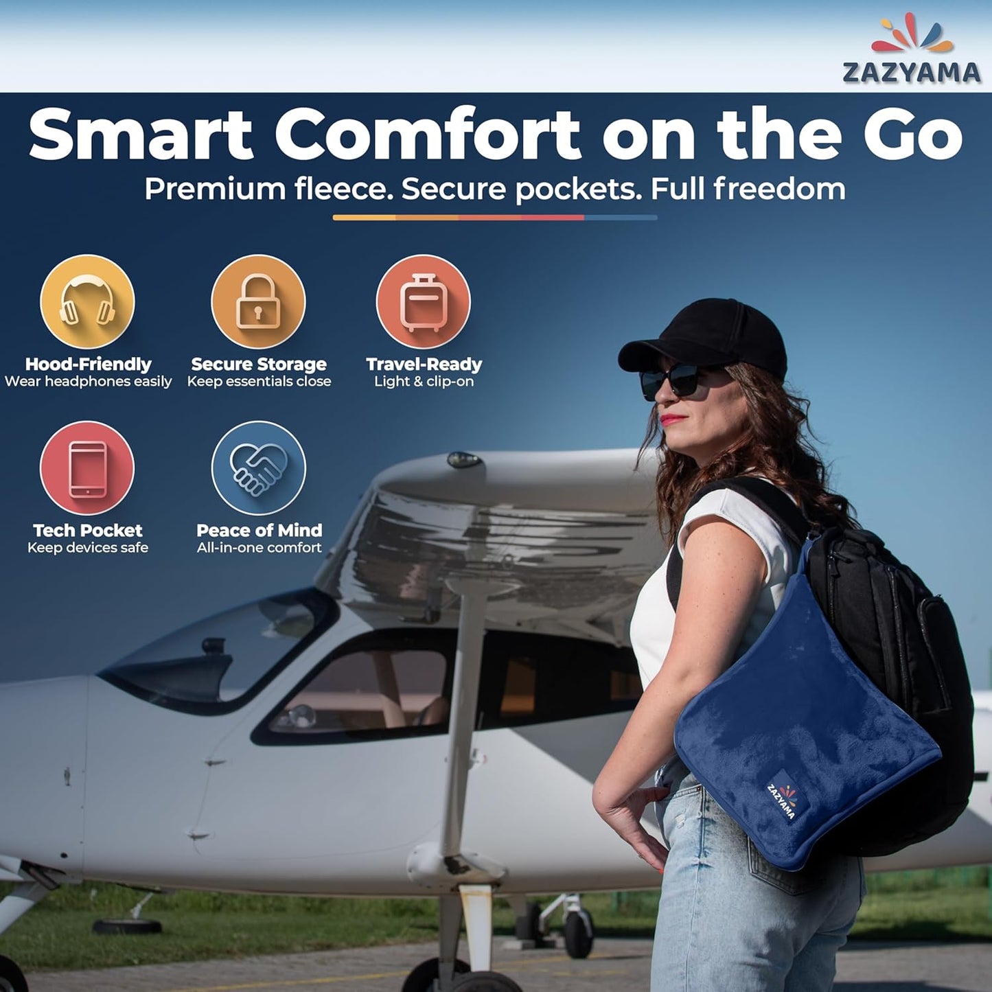 3-in-1 Travel Blanket Airplane – Compact with Bag & Pillow Combo Set, Navy Blue Ultra-Soft Fleece | Packable Blanket Compact | Hidden Pocket | Trolley Sleeve | Carabiner | Travel Essentials