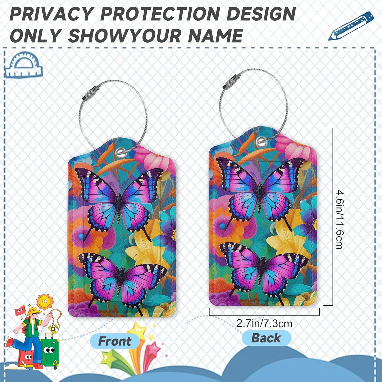 2 Pack Luggage Tag for Suitcase,Groovy Flowers Butterflies Leather Suitcase Tags Identifiers with Privacy Name Address Labels and Durable Steel Loop for Women Men Travel