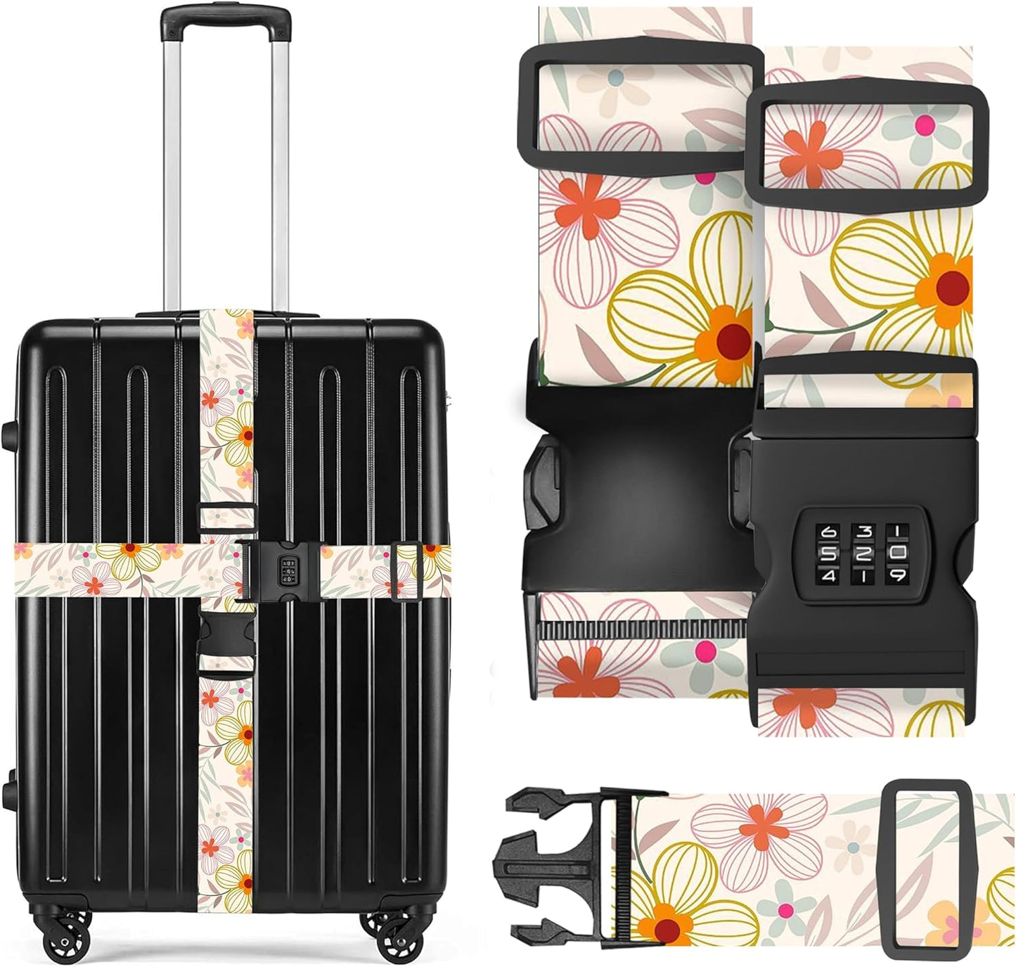 2 Pack Luggage Straps, Adjustable Cute Printing with Combination Lock Luggage Straps for Women Men Travel School Business Trips-Flowers