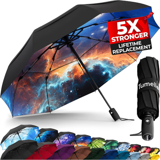 TUMELLA Strongest Windproof Travel Umbrella (Compact, Superior & Beautiful), Small Strong but Light Portable and Automatic Folding Rain Umbrella, Durable Premium Grip, Fits Car & Backpack