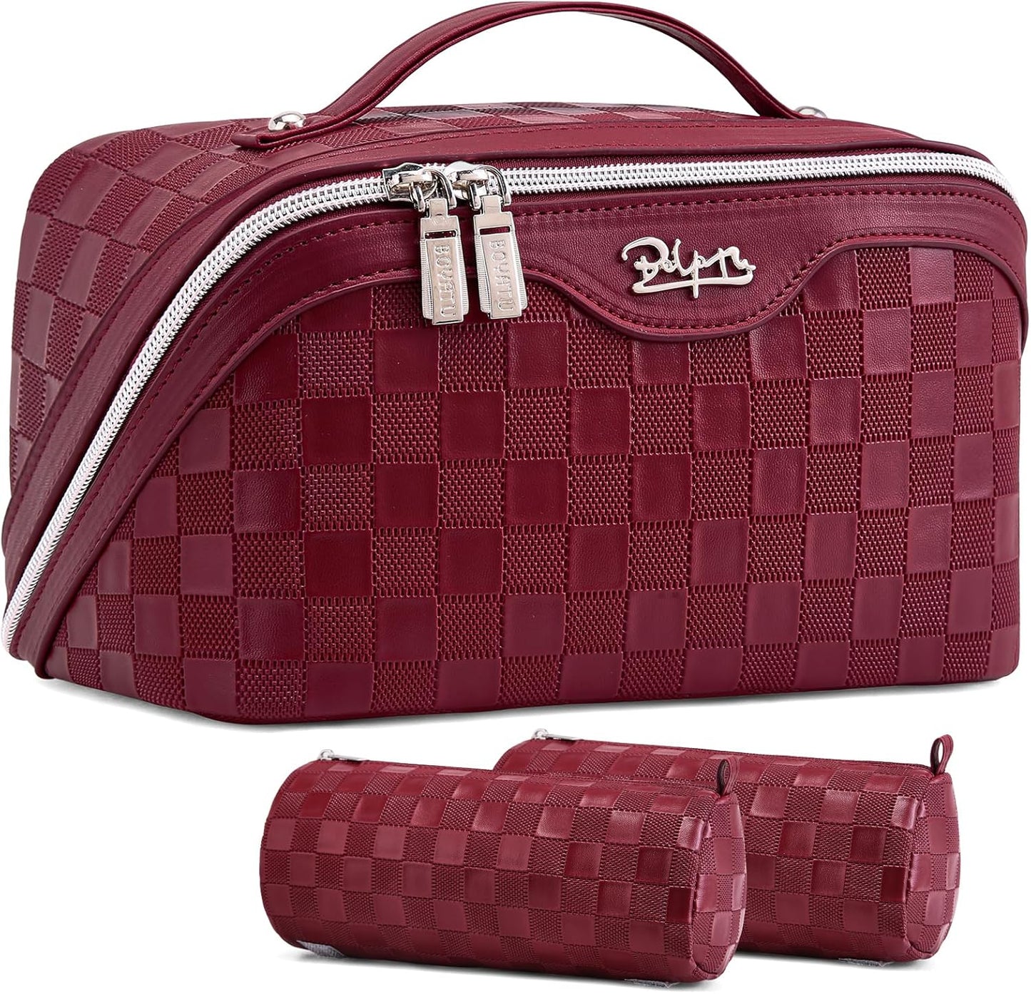 Travel Makeup Bag Organizer Cosmetic Bag: 3 Pcs Set Make up Bags for Women with Handle - Waterproof Vegan Leather Toiletry Bags with Comparments (C-11-Red)