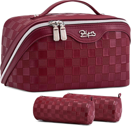 Travel Makeup Bag Organizer Cosmetic Bag: 3 Pcs Set Make up Bags for Women with Handle - Waterproof Vegan Leather Toiletry Bags with Comparments (C-11-Red)