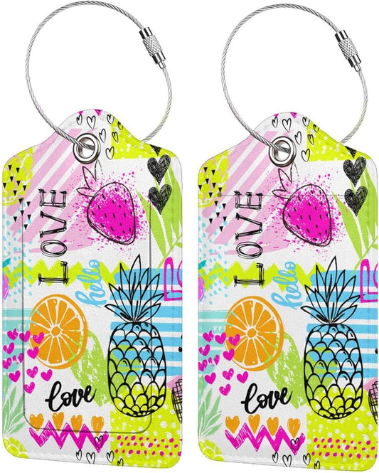 2 Pieces Funny Fruits Luggage Tags for Suitcases Women Girls, Colorful Bag Tags with Pineapple, Strawberry, Love Pattern, Cute Leather Labels Privacy Protection Travel Tag