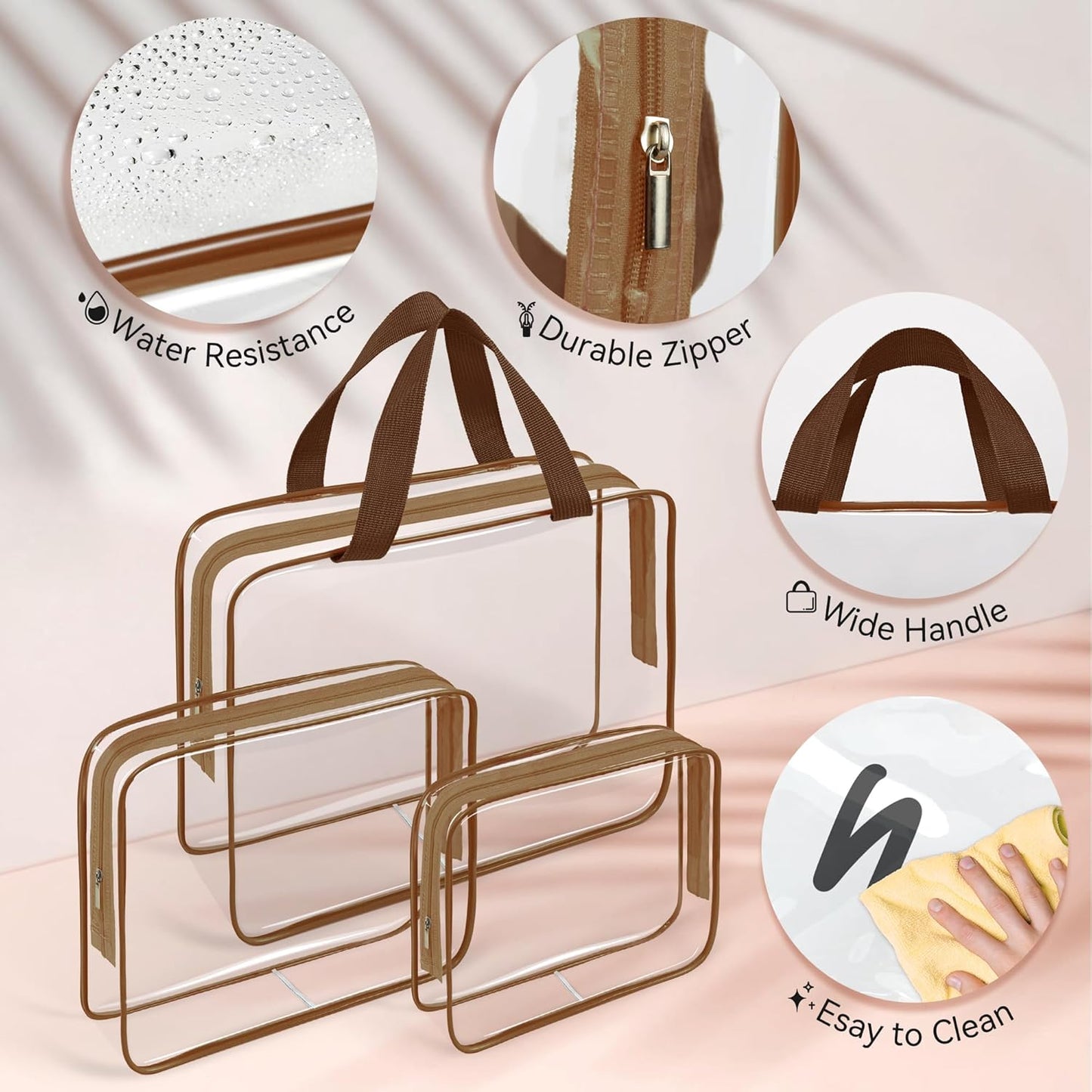 TISRATOK 10 PCS Clear Travel Makeup Toiletry Bag, Plastic PVC Cosmetic TSA Approved Organizer Kit with Zipper Handbag（Coffee）