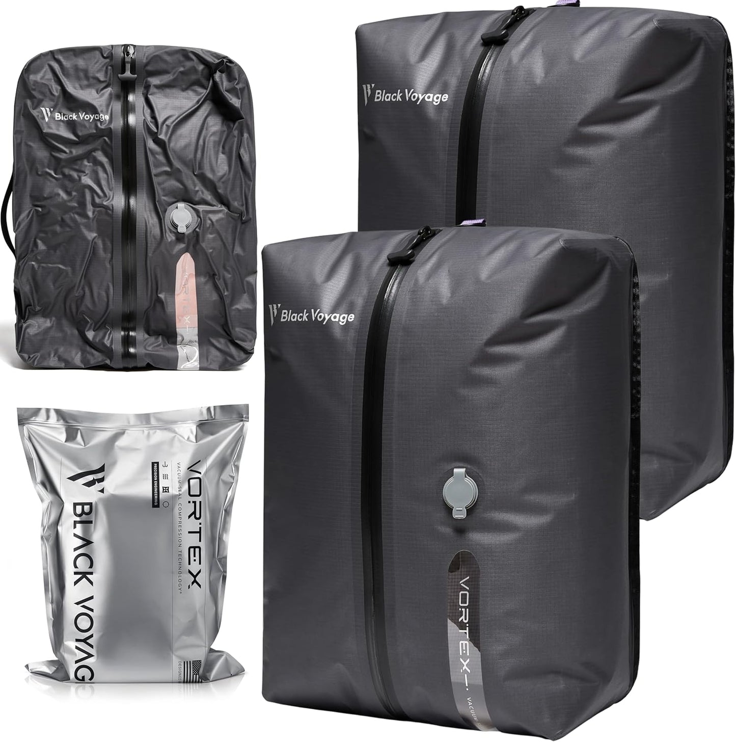 Black Voyage Reusable Vacuum Compression Travel Bag for Carry-On Suitcase and Backpack, Recycled IP67 Waterproof Space Saver Vacpack (2-Pack, 18L - No Pump)